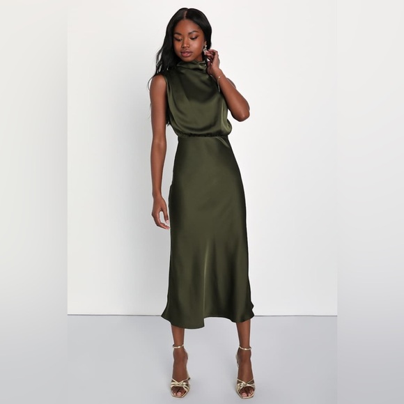 Lulus Dresses & Skirts - NWT Lulu's Distinctive Charm Olive Green Satin Asymmetrical Midi Dress